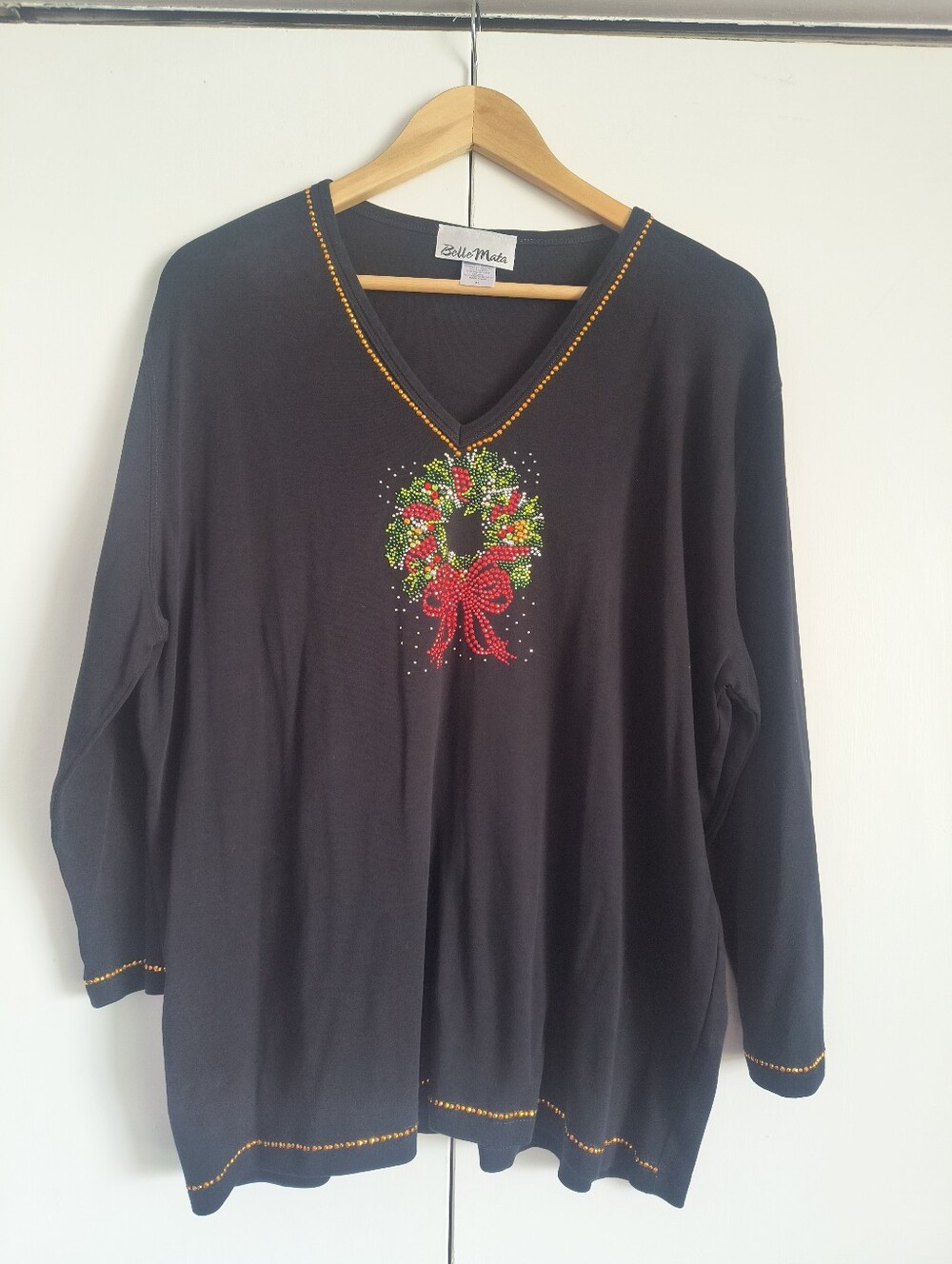 Vintage Belle Mata Holiday Christmas Bling Gem 3/4 Sleeve Top XL Made In USA